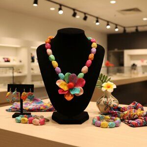 Bold Oversized Flower Accent Marbled Resin Beaded Statement Necklace